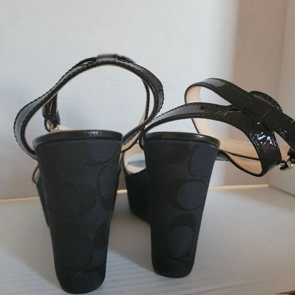 Coach Wedge Heels Sandals Platform Black Patent Leather Nalene Women's Woman's 7